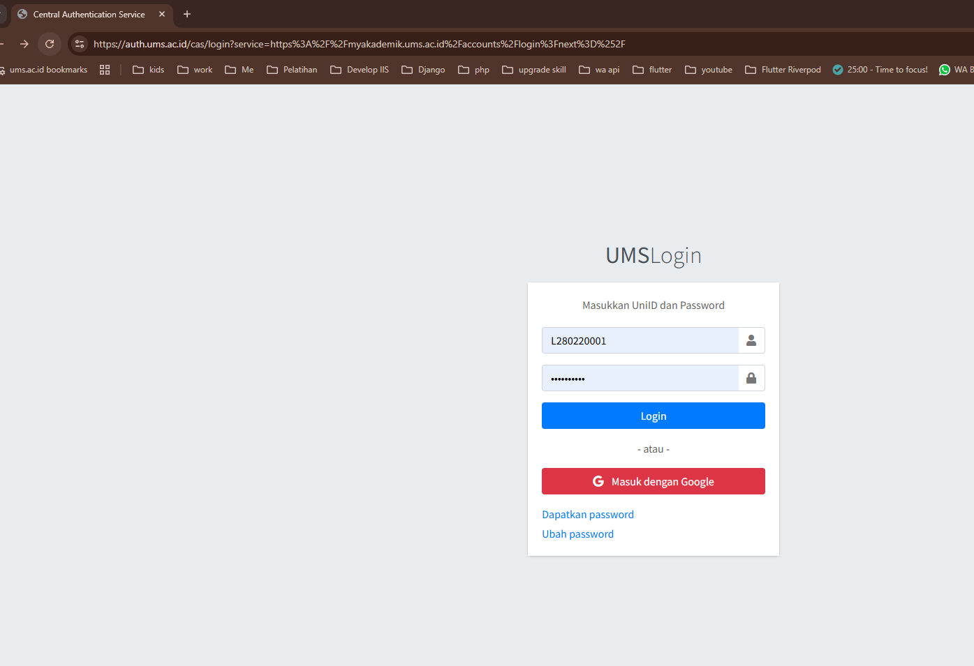 Halaman UMS Login: kolom UniID, Password, tombol Login dan Masuk dengan Google